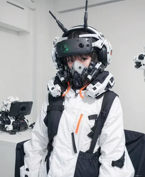 (masterpiece, sidelighting), realistic, 1woman, ((wearing a white full coverage VR - techpunkmask with designed antenna)), (wearing jacket), (fluorescent orange hair), colorful smoke fills the surrounding area, in the office, happy, flowers, butterfly <lo...