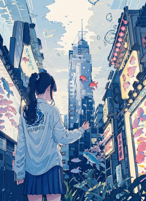 1girl, fish, solo, ponytail, skirt, from behind, whale, building, dolphin, shirt, scenery, black hair, long hair, surreal, blue theme, city, aquarium, skyscraper, long sleeves, facing away, bubble<lora:neon:1>