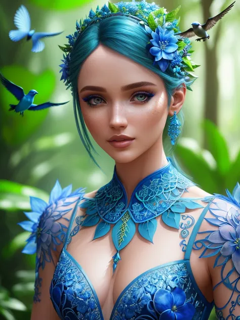 fashion photography portrait of blue human avatar, in blue lush jungle with flowers and birds, 3d render, cgi, symetrical, octane render, 35mm, bokeh, 9:16, (intricate details:1.12), hdr, (intricate details, hyperdetailed:1.15), (natural skin texture, hype...