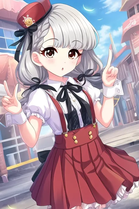 Hisakawa Nagi, 1girl, :o, black ribbon, blue flower, blush, braid, braided bangs, brown eyes, brown flower, collared shirt, crown, dress shirt, flower, grey hair, hair over shoulder, hair ribbon, hands up, hat, hat flower, looking at viewer, low twintails,...