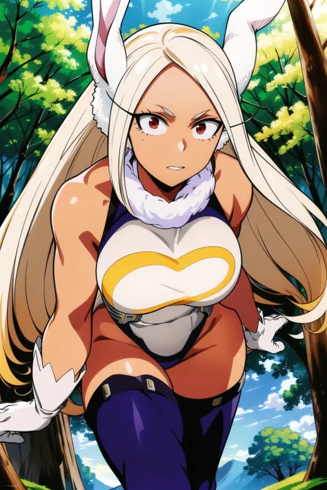 forest, scan, (extremely detailed CG unity 8k wallpaper:1.1), highres, ambient light, (1girl), mirkomha, boku no hero academia, <lora:MirkoMHA-v1-1:1>, rabbit ears, ((dark skin:1.5)), red eyes, sleeveless, white gloves, highleg leotard, (white hair, long ...