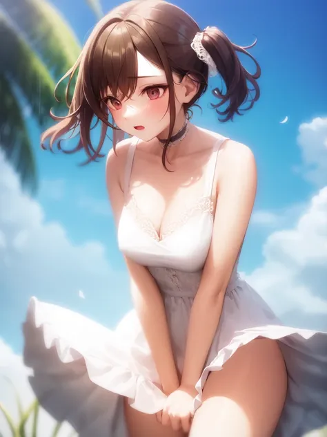 1girl, solo, (dress tug:1.2), white dress, lace trim, medium breasts,
