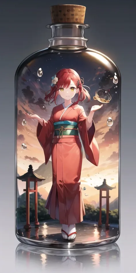 <lora:bottle_locon_v1a:0.7>,1girl, solo,full body, looking at viewer,in bottle,in container, red hair, yellow eyes, kimono, japanese clothes, simple background,air bubble,water,