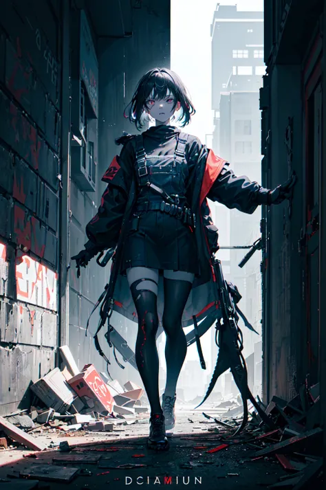 ((((dramatic))), (((gritty))), (((intense))) film poster featuring a young woman as the central character. She stands confidently in the center of the poster, wearing a stylish and edgy outfit, with a determined expression on her face. The background is da...