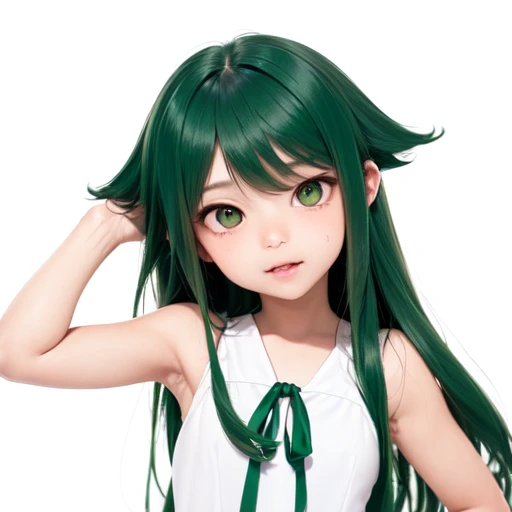 1girl, barefoot, face focus, green_eyes, (green_hair:1.4), long_hair, (saya_(saya_no_uta):1.5), (saya no uta:1.2),  (white_sleeveless_dress:1.2), very_long_hair, (white_background:1.4), (green hairy ear:1.2),white_dress, (saya_saya:1.5) ,wariza, (oumi jell...