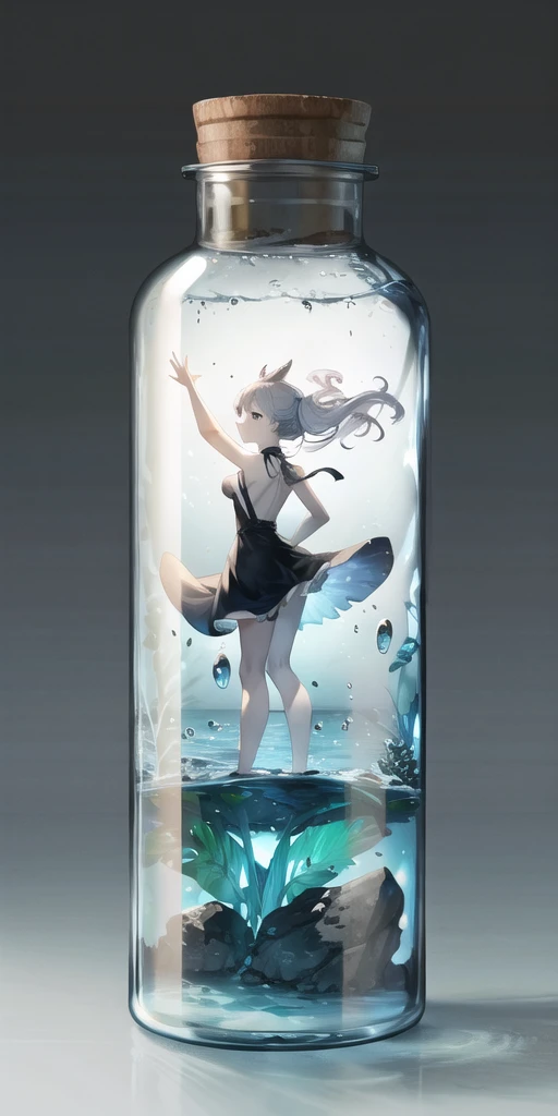 <lora:bottle_locon_v1a:0.7>,in bottle,in container, <lora:korwa_locon_v1c:0.6>,1girl, solo, full body, standing, submerged, water, simple background, close-up, arms behind back, black dress, from behind,