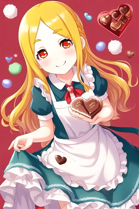 Mochizuki Hijiri, 1girl, apron, blonde hair, blue dress, blush, brooch, candy, chocolate, chocolate heart, dot nose, dress, food, frilled apron, frilled dress, frills, heart, jewelry, long hair, looking at viewer, mouth hold, puffy short sleeves, puffy sle...