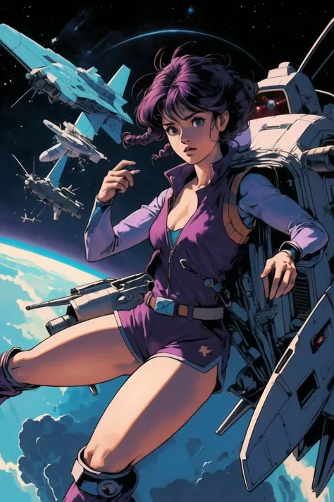 girl, (future,mecha,space,alien:1.4) upper body, (hotify:1.2), (model:1.4), (Retro,Airplane:1.4),Muscular,Cleavage,(Showering),Medium Hair,Plaits Hair,(purple Insulated Vest,maroon Shorts:1.3),idolmaster,Evil Armor ,(masterpiece,detailed,highres:1.4) <lora...