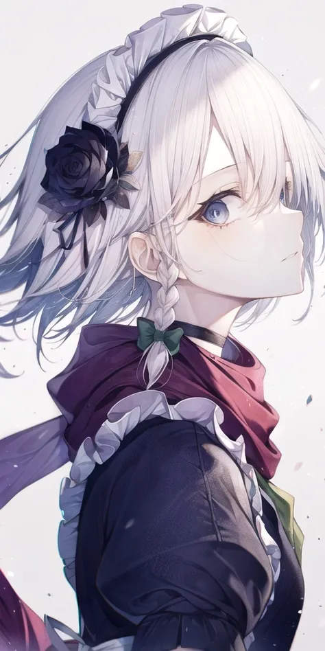 izayoi sakuya, 1girl, black flower, black rose, bow, braid, flower, frills, from side, green bow, grey background, hair bow, hair flower, hair ornament, looking at viewer, maid headdress, parted lips, portrait, purple eyes, red scarf, rose, scarf, short ha...