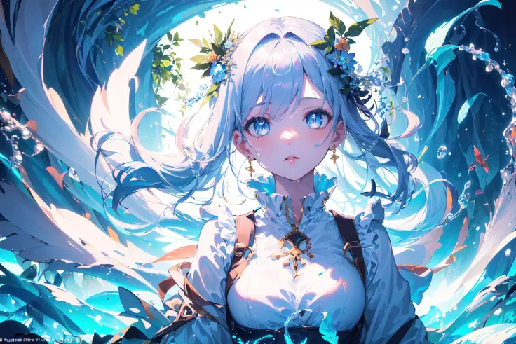 (masterpiece, top quality, best quality, official art, beautiful and aesthetic:1.2),
(1girl, solo), (kawaii:1.2),
([ water effects | Light Effects | Feathers effects ]:1.3),