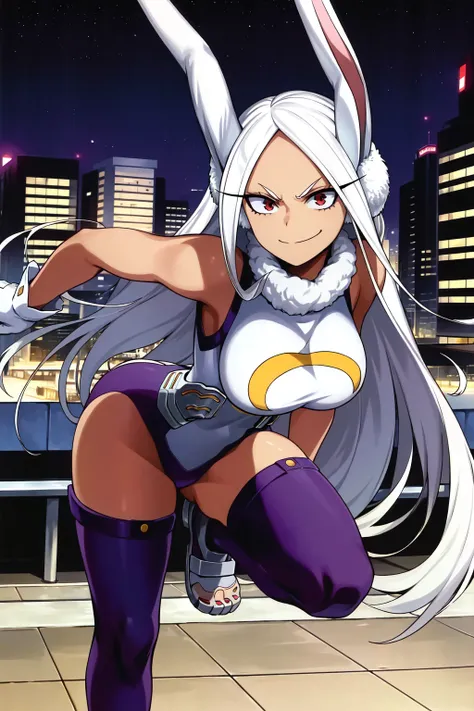scan, (extremely detailed CG unity 8k wallpaper:1.1), highres, ambient light, (1girl), mirkomha, boku no hero academia, <lora:MirkoMHA-v1-1:1>, rabbit ears, ((dark-skinned female)), ((dark skin)), red eyes, sleeveless, white gloves, highleg leotard, (whit...