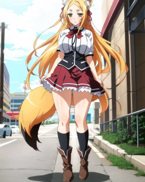 masterpiece, best quality, ultra-detailed, hires,  beautiful, detailed hair and eyes, 
1girl, cat ears, orange eyes, hair ornament, ribbon, hairband, yellow eyes, very long hair, animal ears, yasaka dxd, large breasts, blonde hair, long hair, fox ears, tai...