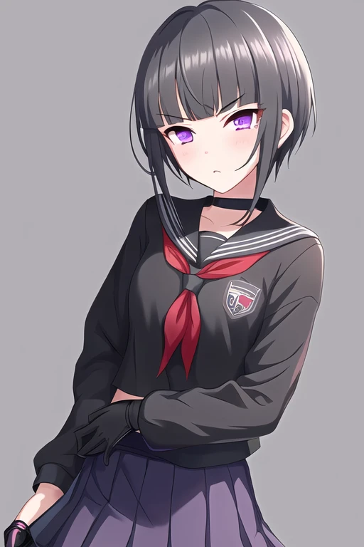 Shirayuki Chiyo, 1girl, adjusting clothes, adjusting gloves, black gloves, black hair, black serafuku, black shirt, blunt bangs, blush, gloves, looking at viewer, neckerchief, pleated skirt, purple eyes, red neckerchief, school uniform, serafuku, shirt, si...
