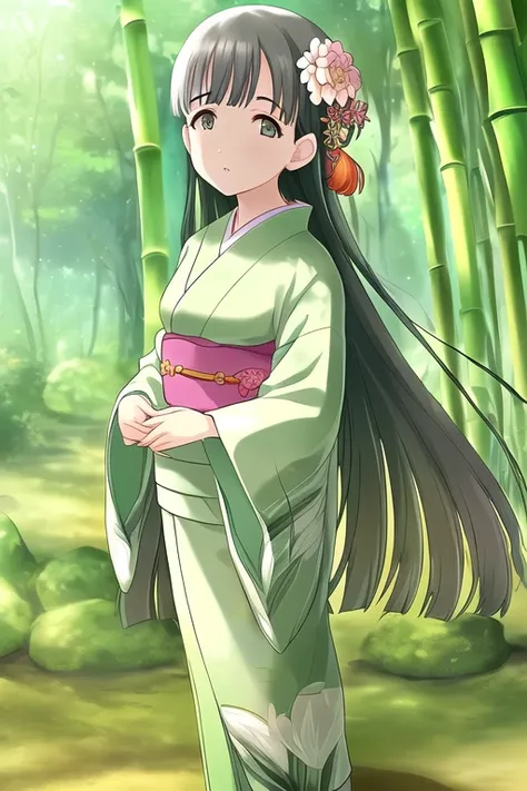 Kobayakawa Sae, 1girl, bamboo, bamboo forest, black hair, blunt bangs, blunt ends, floral print, flower, forest, full body, green kimono, hair flower, hair ornament, hair tucking, japanese clothes, kimono, long hair, looking at viewer, nature, outdoors, ph...