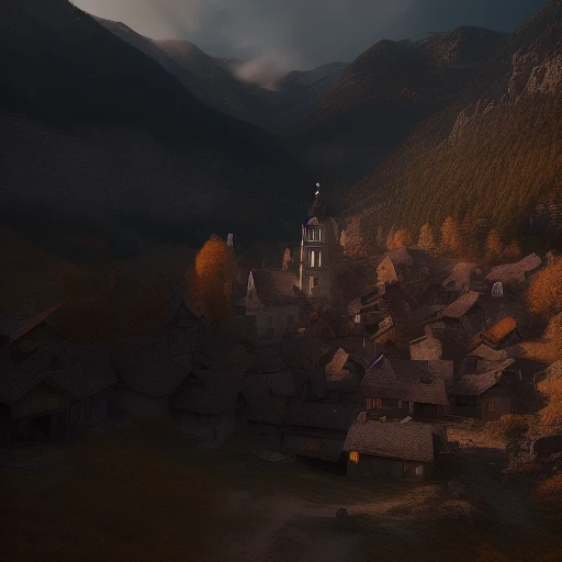 A small town in the mountains, late afternoon <lora:xsarchitectural-13Nightmagictown:1>