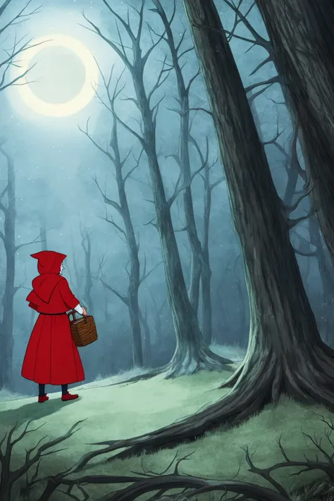 2d animation classic style little girl red riding hood in a creepy forest midnight moonlight atmospheric
(masterpiece:1.2) (cell...