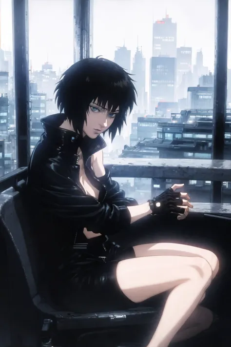 cyborg, kusanagi motoko, 1girl, black gloves, black hair, building, city, cityscape, fingerless gloves, gloves, solo