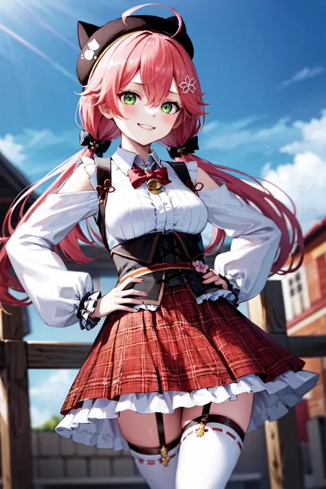 masterpiece, best quality, highres, miko2, sakura miko, 1girl, solo, green eyes, long hair, ahoge, black headwear, hair ornament, white shirt, black thighhighs, pink hair, red skirt, plaid skirt, garter straps, collared shirt, hairclip, frills, bangs, hair...