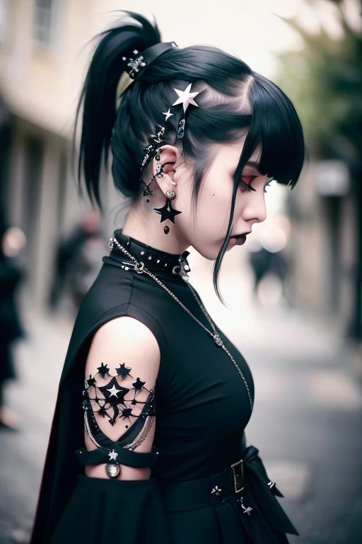 medium shot, Goth_punk,  1girl, solo, walking in citadel, profile, blurry, blurry background, jewelry, black hair, star (symbol), piercing, ponytail, earrings, from side, hair ornament, ear piercing, lips, black eyes, headgear, closed mouth <lora:Gothpunk:...