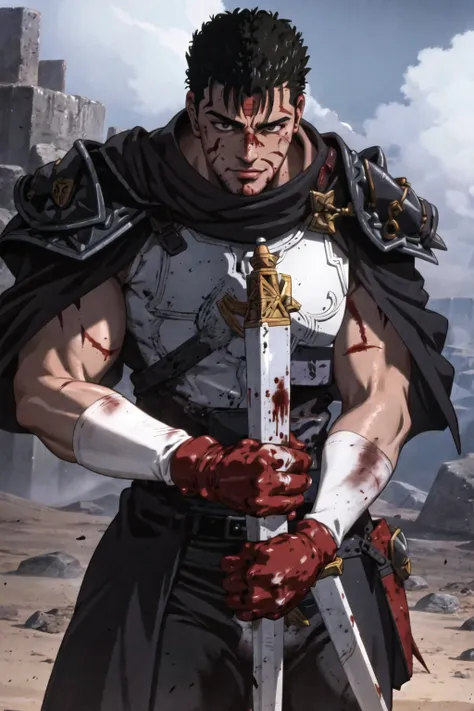 guts (berserk), 1boy, armor, blood, blood on clothes, blood on face, holding, holding sword, holding weapon, injury, male focus, multiple boys, scar, smile, sword, weapon