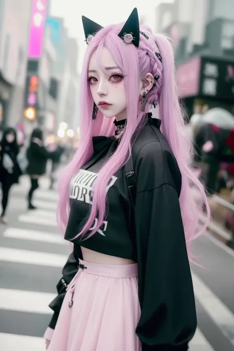 ulzzang-6500-v1.1, Goth_punk,  1girl, solo, long hair, blurry background, pink hair, pink skirt, <lora:Gothpunk:0.6>