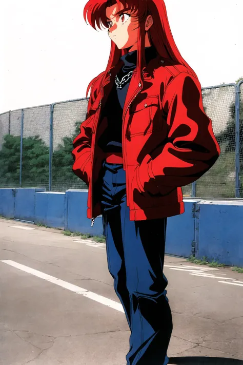 1990s (style), 1boy, chain-link fence, full body, hands in pockets, jacket, long hair, red hair, retro artstyle, socks, solo, standing