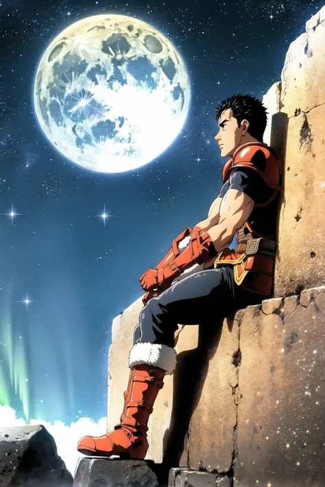 guts (berserk), 1boy, armor, aurora, boots, campfire, cloud, constellation, crescent moon, earth (planet), full moon, galaxy, light particles, male focus, milky way, moon, moonlight, night, night sky, planet, shooting star, sitting, sky, solo, space, space...