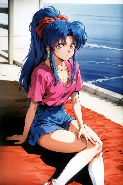 botan (yu yu hakusho), 1990s (style), 1girl, blue hair, bow, long hair, looking at viewer, ocean, ponytail, retro artstyle, solo