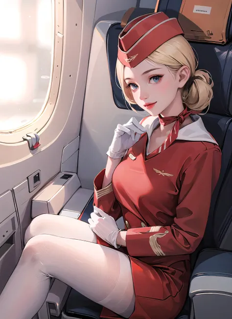 1girl,stewardess,red uniform,garrison cap,pantyhose, white gloves,airplane,sitting,realistic,blonde, pale skin,mature female,Russian,looking at viewer ,seductive smile,  (masterpiece, high quality:1.2),full body<lora:RussianStewardess_v10:1>