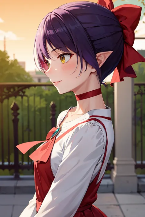 masterpiece, best quality, highres, nmm1, nekomusume, nekomusume (gegege no kitarou 6), 1girl, purple hair, yellow eyes, solo, red dress, red choker, hair bow, pointy ears, short hair, white shirt, long sleeves, red bow, bangs, collarbone, brooch, jewelry,...