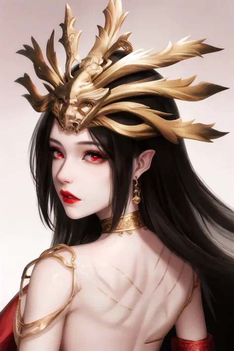 1girl, back, black hair, vert long hair, c-medusa, veil,closed eyes,back tattoo,red lips,shiny skin,large breasts,sideboob