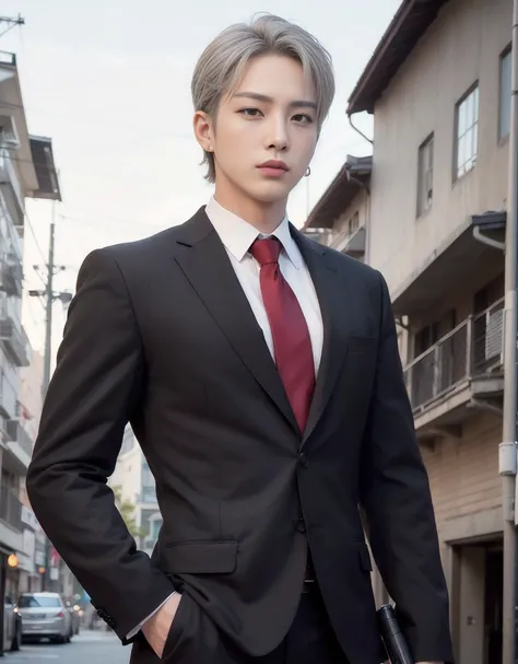 (8k photo, best quality, masterpiece:1.2),(realistic, photo-realistic:1.37) young ,handsome man, ((Mark Tuan Got7)), white skin, detail face, grey bright eye, ((platinum grey hair color short wavy hair)), (((black long sleeve suit and red tie))), (bad boy)...