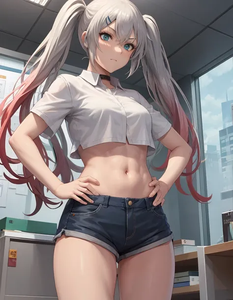 (extremely detailed CG unity 8k wallpaper),(masterpiece), (best quality), (ultra-detailed), (best illustration),(best shadow), cowboy shot, (office:1.4)
BREAK
white crop top, short shorts, short sleeves, twintails, arms at side, (toned:1.4),
<lora:Muscle:1...