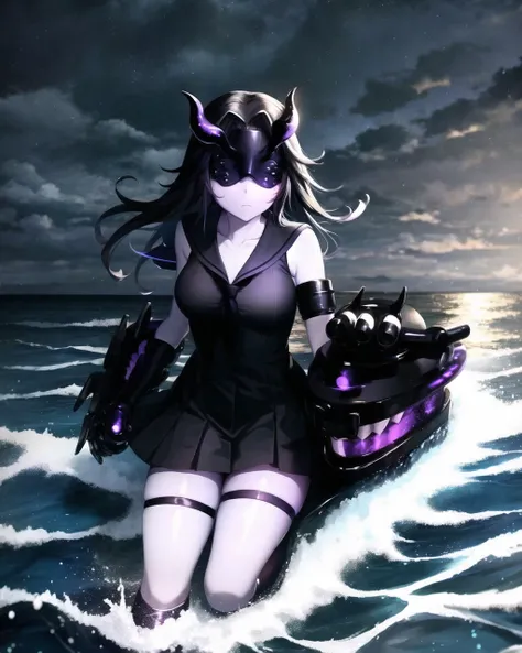 best quality, anime coloring, anime screencap, lcprincess, light cruiser princess, (turret and arm:1.2), 1girl, abyssal ship, solo, (white skin, colored skin, pale skin), long hair, black hair, (mask, covered eyes, horns, oni horns, blindfold), breasts, me...