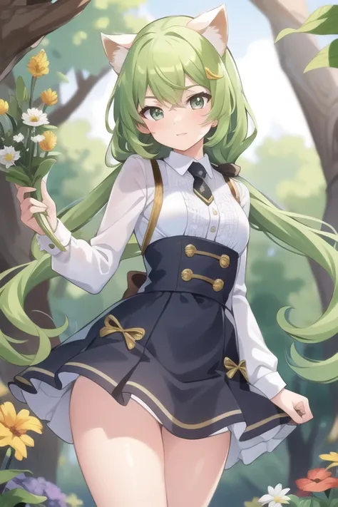 masterpiece, best quality, 1girl,(solo:1.3),standing,
yuzu(majsoul),green hair,green eyes,long hair,cat ears,