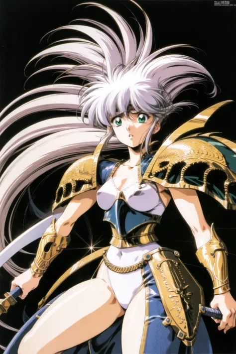 urushihara satoshi, 1990s (style), 1girl, armor, floating hair, green eyes, holding, holding weapon, long hair, looking at viewer, parted lips, retro artstyle, shiny, shiny hair, shoulder armor, silver hair, sword, weapon <lora:Uruv1:0.6>