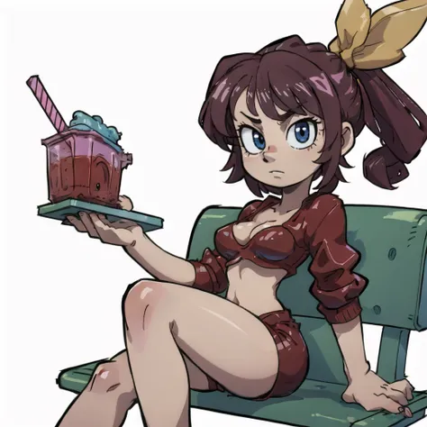 80s anime style,   <lora:Jam_19_LORA:0.6> Jam_19 sipping on a smoothie in the mall on a bench