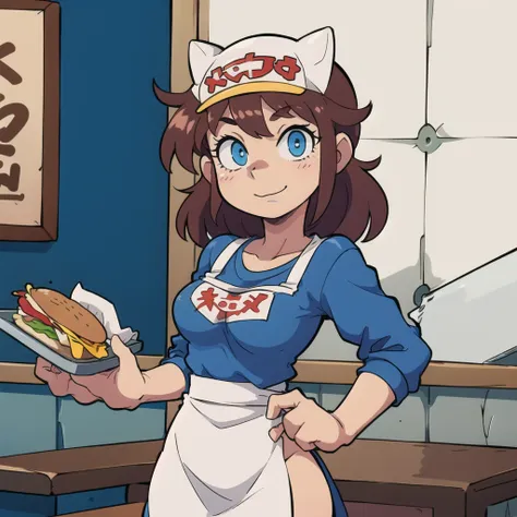 1girl, 80's anime style, serving fast food at a restaurant, cheeseburger on tray with soda, apron, visor hat