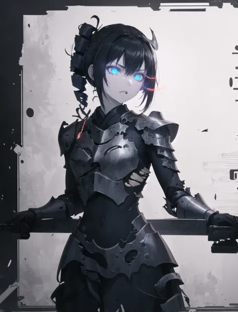 masterpiece, best quality, ancient destroyer oni, cowboy shot, (cannon, gun, teeth, turret, machinery:1.3), angry, 1girl, pale skin, white skin, blue eyes, black hair, drill hair+long hair+straight hair, (eldritch armor, torn clothes, veins, glowing lines:...