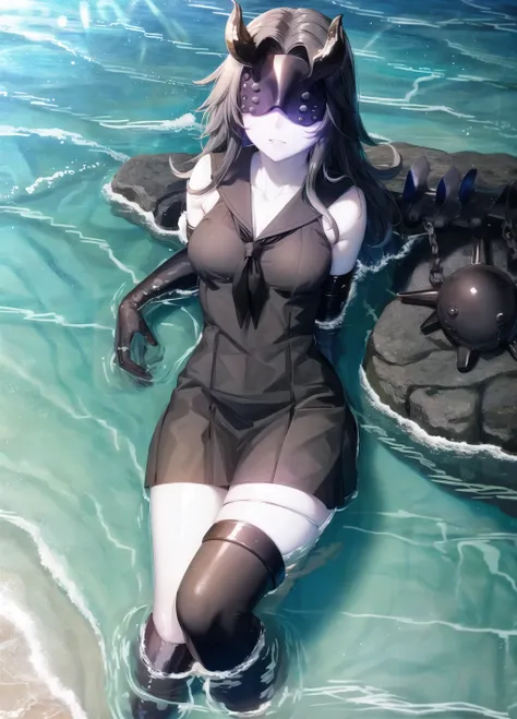 best quality, lcprincess, 1girl, abyssal ship, solo, white skin, colored skin, pale skin, long hair, black hair, mask, covered eyes, horns, blindfold, breasts, medium breasts, sleeveless, black dress, serafuku, sailor dress, sailor uniform, gauntlets, elbo...