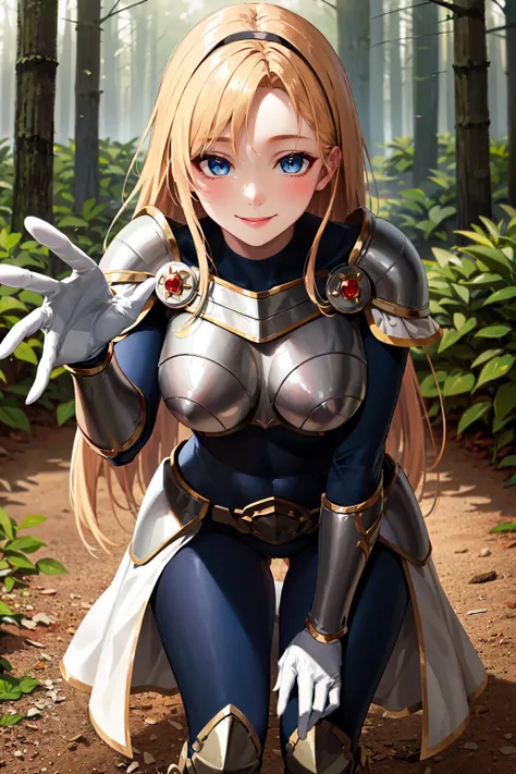 masterpiece, best quality, highres, lux1, long hair, 1girl, solo, armor, breastplate, bodysuit, white gloves, boobplate, <lora:l...