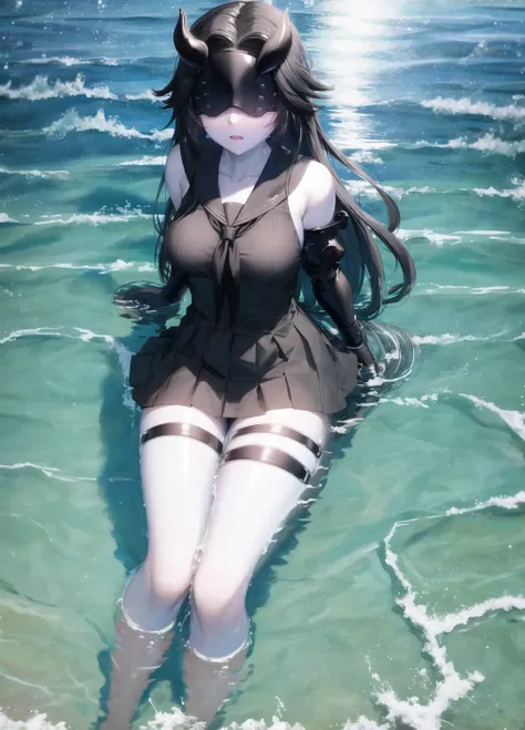 best quality, lcprincess, wading, 1girl, abyssal ship, solo, white skin, colored skin, pale skin, long hair, black hair, mask, covered eyes, horns, blindfold, breasts, medium breasts, sleeveless, black dress, serafuku, sailor dress, sailor uniform, gauntle...