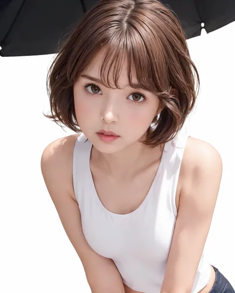 best quality, photorealistic, 8k, high res, 1girl, woman, (skindentation), (portrait:0.6), gorgeous, ((whitebackground, sport tanktop, small breast:1.65)), (short wavy hair, parted bangs:1.6), looking at viewer, (1girl eyes looking at viewer:1.6), photore...