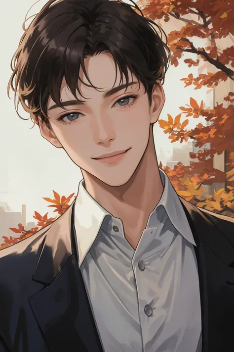 masterpiece, best quality, realistic, 1man, male focus, tall muscular, handsome, smile, closed mouth, suit, portrait, extremely detailed face, autumn,fruits