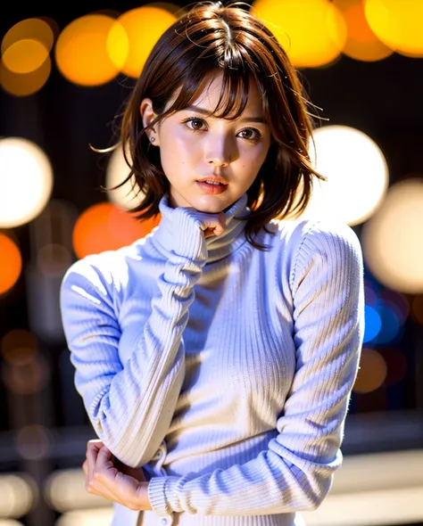 best quality, photorealistic, 8k, high res, 1girl, woman, (skindentation), (portrait:0.6), blur background, outdoor, (high-neck sweater:1.5), gorgeous, (night, floating hair:1.5), (dynamic pose:0.8), soft lighting, wind, garden, looking at viewer, (1girl e...