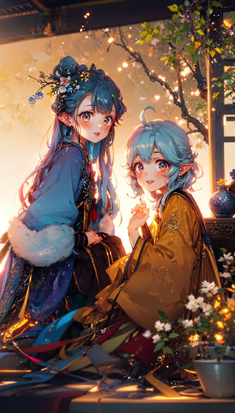 masterpiece, best quality, extremely detailed, detailed background, detailed face, 2girls, [light blue hair|blue hair|white hair...