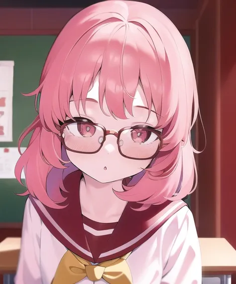 1girl, ai_mie, short hair, pink hair, bangs, red glasses, sailor collar, classroom <lora:ai-mie:1>