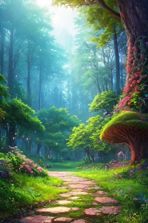 masterpiece, best quality, high quality,extremely detailed CG unity 8k wallpaper, An enchanting and dreamy scene of a fantasy forest, with towering trees, glowing mushrooms, and hidden fairy glens, creating a sense of mystique and enchantment, artstation, ...