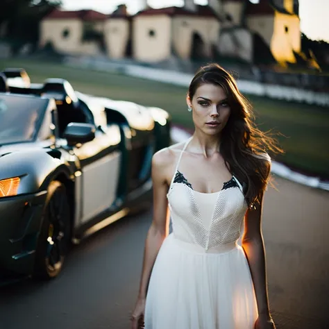 (Sports car in Vilnius, Lithuania Spiritual atmosphere Backlighting:2) and closeup portrait of a young sexy Ukrainian woman with revealing Fit and flare dress in Spa retreat , symmetrical face, Outdoor lighting, Brooding atmosphere, sharp eyes<lora:LORA320...