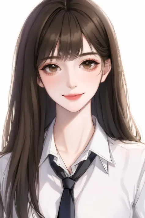 1girl, bangs, black necktie, brown eyes, brown hair, fashi-g, closed mouth, collared shirt, long hair, looking at viewer, necktie, shirt, sketch, smile, solo, upper body, white shirt